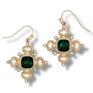 Cross Fashion Gold Tone Earrings with Green, Simulated Pearl, and Crystal Stones